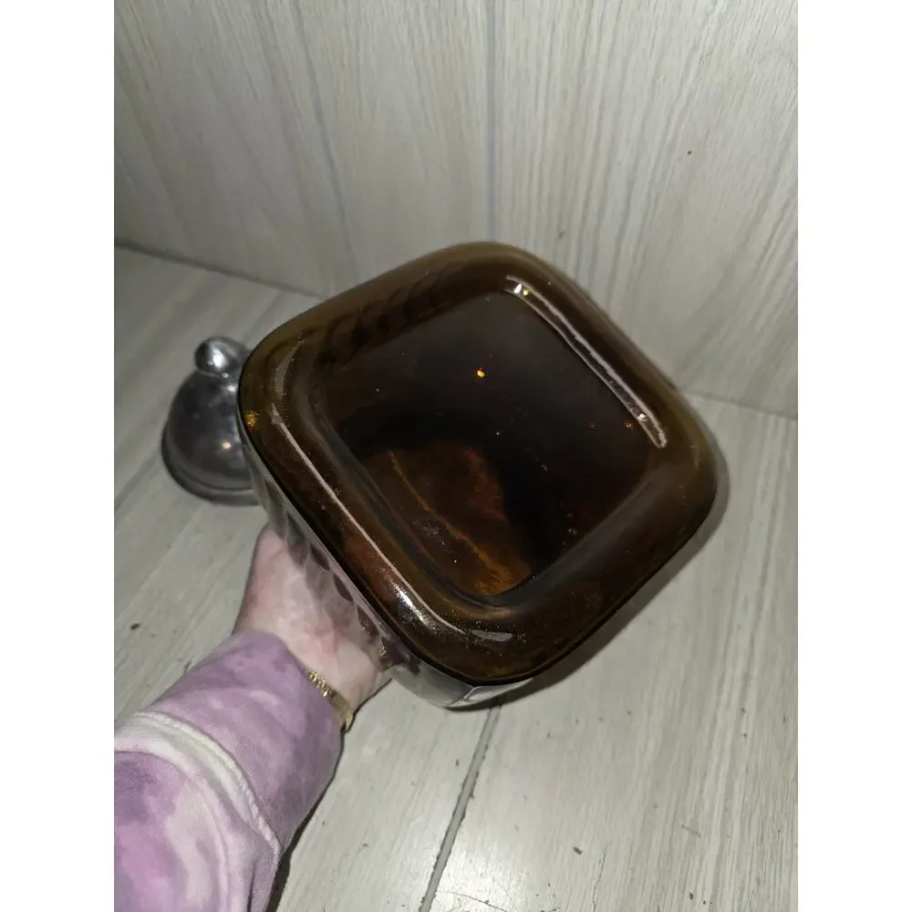 Vintage Artland Ribbed Glass Canister Jar 10” Amber Brown Pewter Lid Apothecary